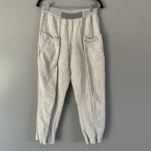 Yuvita Linen Grey  + Cream Pinstripe Slim Straight Pants XS